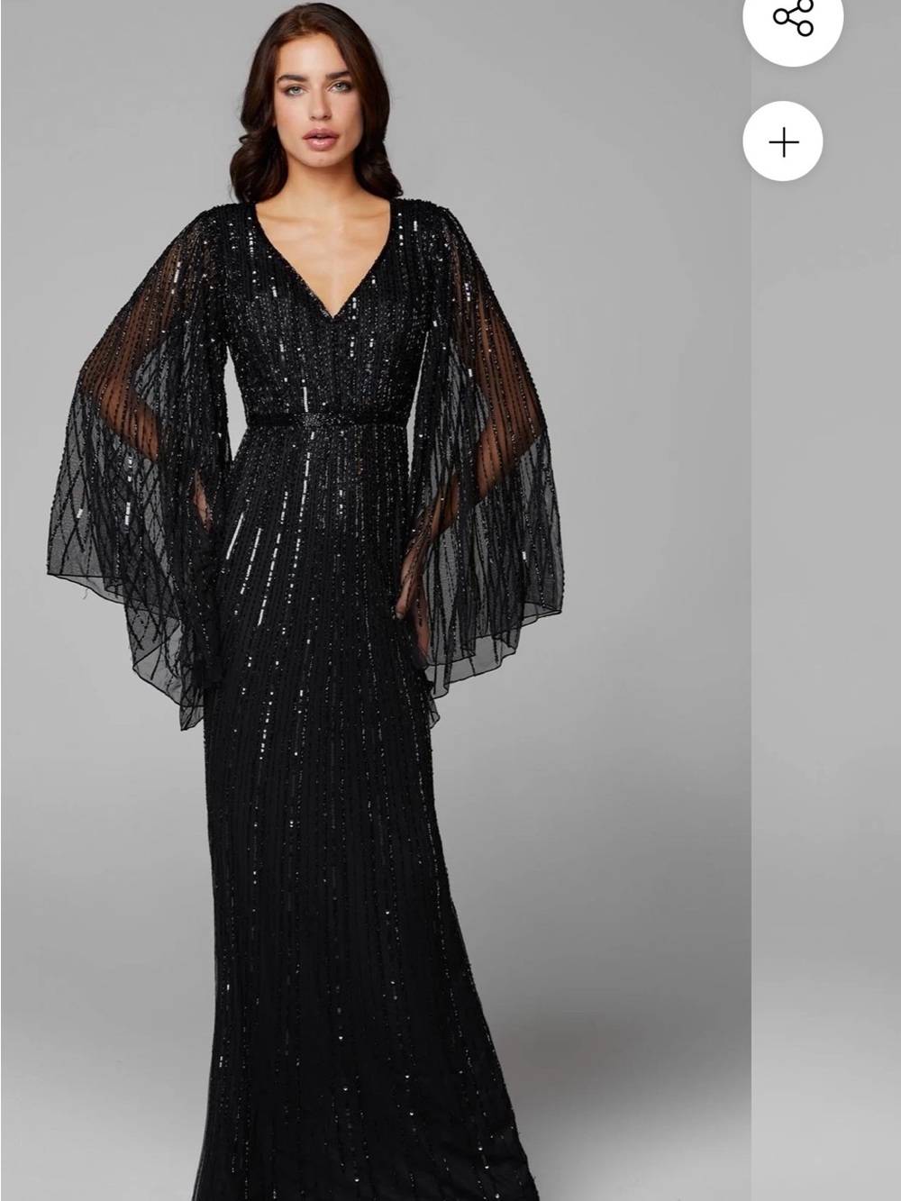 Black Sequin V-Neck Evening Gown with Sheer Cape Sleeves